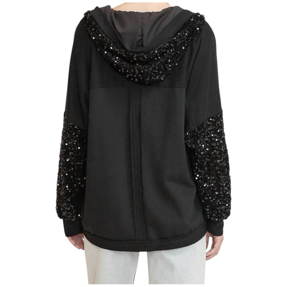 Umgee Large Black Hoodie with Sequin Sleeves and Hood - Picture 4 of 4